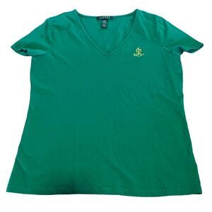 Lauren Ralph Lauren- Women’s Kelly Green Gold Logo Embroidered V-neck T Shirt, L